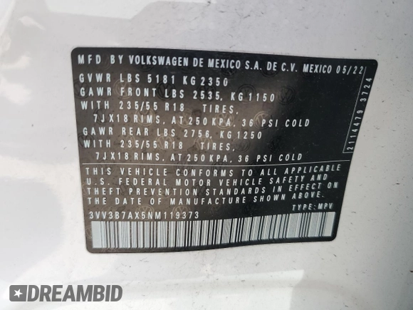2022 Volkswagen Tiguan SE with VIN 3VV3B7AX5NM119373, listed as a Copart auction lot 54160824 with 33,212 mi miles and Salvage Title. Bid and sale history available at DreamBid. Image 13.