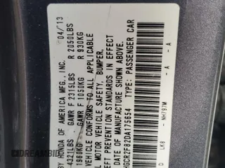2013 Honda Accord Sdn EX-L with VIN 1HGCR2F82DA175654, listed as a Copart auction lot 50581295 with Not Provided miles and Salvage Title. Bid and sale history available at carsss.com. Image 12.