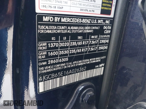 2006 Mercedes-Benz R 3.5L with VIN 4JGCB65E16A026362, listed as a IAAI auction lot 41566013 with 110,626 mi miles and . Bid and sale history available at DreamBid. Image 9.