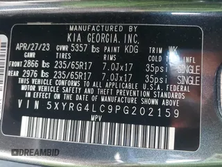 2023 Kia Sorento LX with VIN 5XYRG4LC9PG202159, listed as a IAAI auction lot 41757823 with 27,270 mi miles. Bid and sale history available at carsss.com. Image 9.