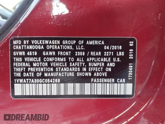2016 Volkswagen Passat S with VIN 1VWAT7A30GC054269, listed as a IAAI auction lot 41251819 with 105,604 mi miles and . Bid and sale history available at DreamBid. Image 9.