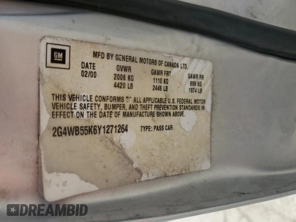 2000 Buick Regal LS с VIN 2G4WB55K6Y1271264, выставлен на аукционе Copart как лот 57954585 с пробегом 108 048 миль миль и Списание • Salvage title. История ставок и продаж доступна на DreamBid. Изображение 12.