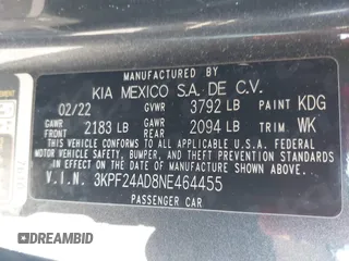 2022 Kia Forte LXS z VIN 3KPF24AD8NE464455, wystawiony jako IAAI lot #41710075 z przebiegiem 44 666 mil mil oraz . Historia ofert i sprzedaży dostępna na DreamBid. Obrazek 9.