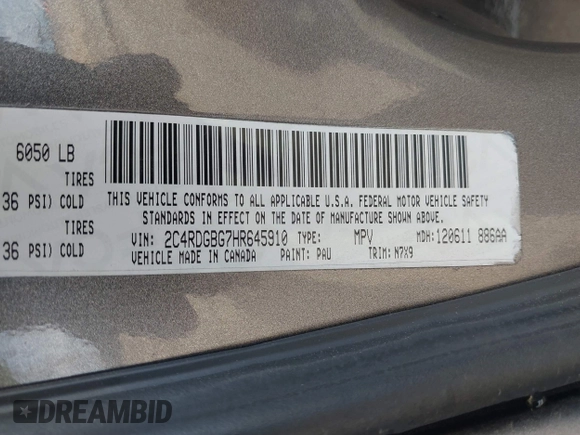 2017 Dodge Grand Caravan SE with VIN 2C4RDGBG7HR645910, listed as a IAAI auction lot 41654177 with 132,016 mi miles and . Bid and sale history available at DreamBid. Image 9.
