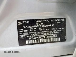 2011 BMW 3 Series 335d with VIN WBAPN7C53BA950461, listed as a Copart auction lot 61585175 with 80,497 mi miles and Salvage title. Bid and sale history available at DreamBid. Image 12.