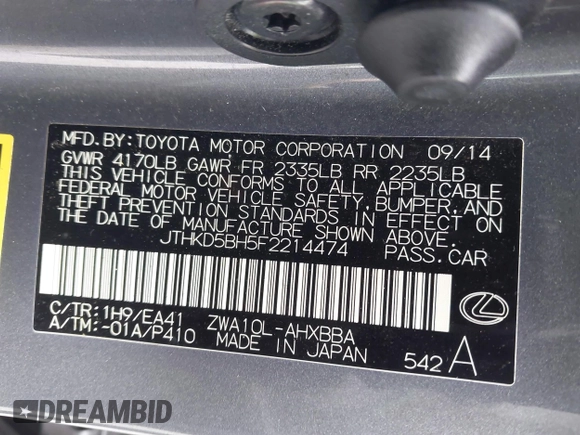 2015 Lexus CT 200h z VIN JTHKD5BH5F2214474, wystawiony jako IAAI lot #42417192 z przebiegiem 104 802 mil mil oraz . Historia ofert i sprzedaży dostępna na DreamBid. Obrazek 9.
