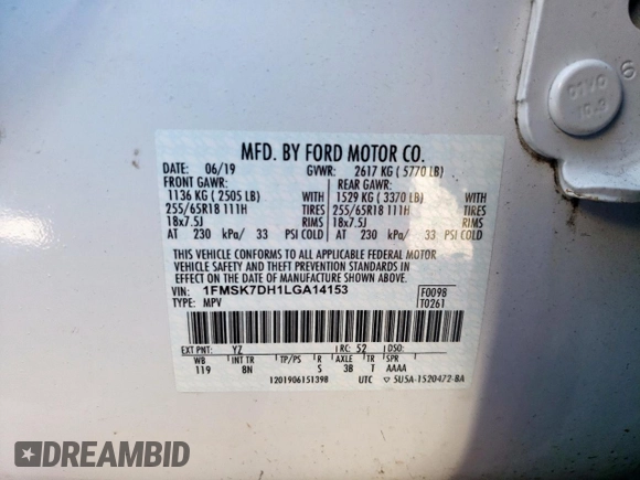2020 Ford Explorer XLT with VIN 1FMSK7DH1LGA14153, listed as a Copart auction lot 47699275 with 100,555 mi miles and Salvage Title. Bid and sale history available at DreamBid. Image 15.