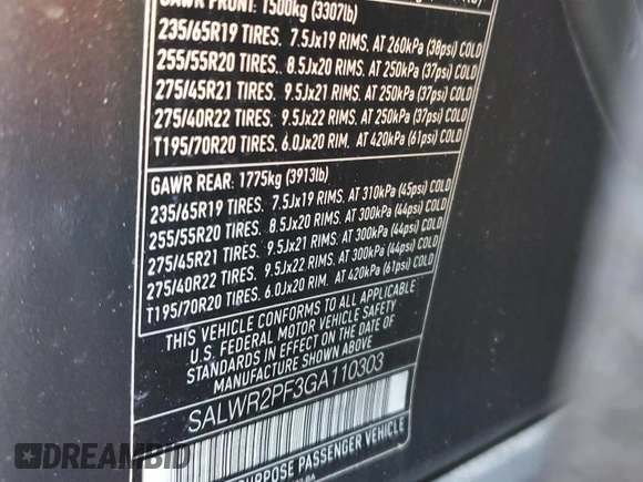2016 Land Rover Range Rover Sport HSE with VIN SALWR2PF3GA110303, listed as a Copart auction lot 55265955 with 65,303 mi miles and Clean Title. Bid and sale history available at DreamBid. Image 14.