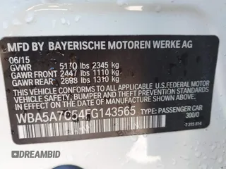 2015 BMW 5 Series 528i xDrive with VIN WBA5A7C54FG143565, listed as a IAAI auction lot 41948957 with 107,255 mi miles and . Bid and sale history available at carsss.com. Image 9.