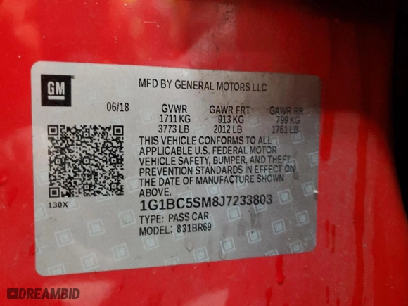 2018 Chevrolet Cruze LS with VIN 1G1BC5SM8J7233803, listed as a Copart auction lot 47813205 with 95,971 mi miles and Clean Title. Bid and sale history available at carsss.com. Image 12.