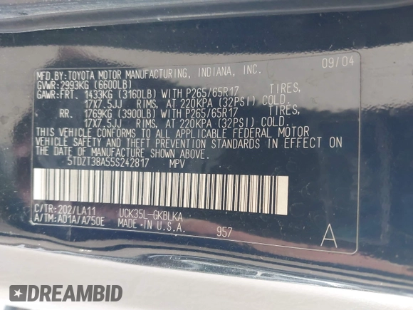 2005 Toyota Sequoia Limited with VIN 5TDZT38A55S242817, listed as a IAAI auction lot 42047553 with 244,111 mi miles and . Bid and sale history available at DreamBid. Image 9.