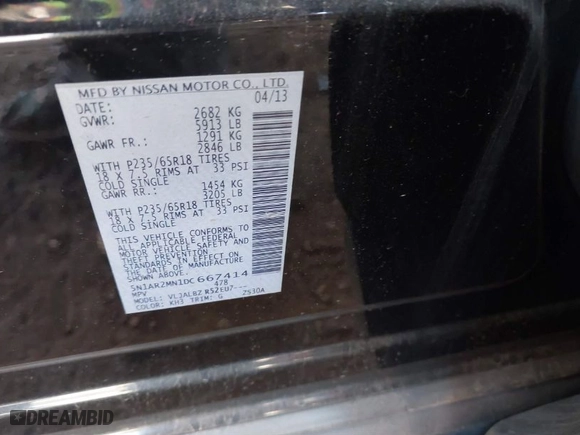 2013 Nissan Pathfinder Platinum with VIN 5N1AR2MN1DC667414, listed as a IAAI auction lot 39591196 with 163,947 mi miles. Bid and sale history available at carsss.com. Image 9.