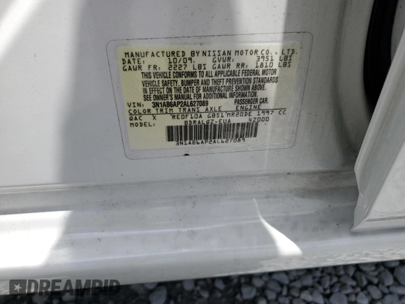 2010 Nissan Sentra 2.0 with VIN 3N1AB6AP2AL627089, listed as a Copart auction lot 60736265 with 132,120 mi miles and Salvage title. Bid and sale history available at DreamBid. Image 12.
