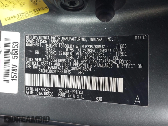 2013 Toyota Sienna LE AAS with VIN 5TDKK3DC9DS334815, listed as a IAAI auction lot 41589497 with 223,674 mi miles and . Bid and sale history available at DreamBid. Image 9.