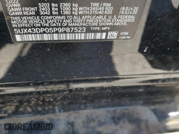 2023 BMW X3 sDrive30i with VIN 5UX43DP05P9P87523, listed as a Copart auction lot 52484675 with 24,834 mi miles and Salvage Title. Bid and sale history available at DreamBid. Image 14.
