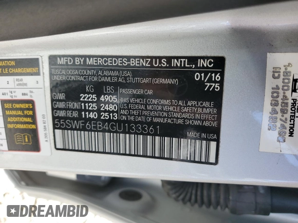 2016 Mercedes-Benz C 450 AMG with VIN 55SWF6EB4GU133361, listed as a Copart auction lot 52425485 with 101,079 mi miles and Salvage title. Bid and sale history available at DreamBid. Image 13.