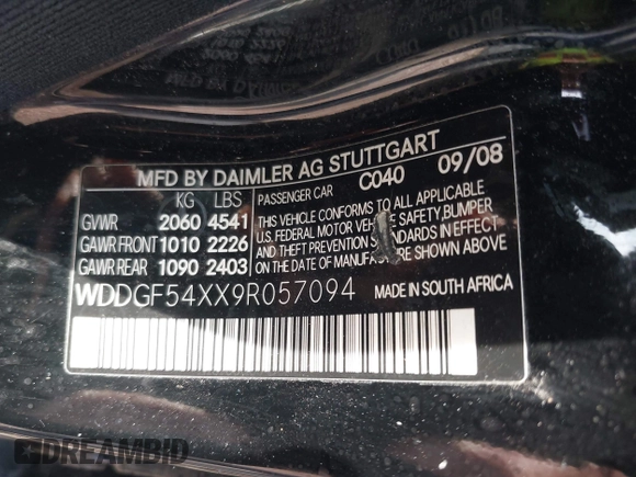 2009 Mercedes-Benz C 300 Sport with VIN WDDGF54XX9R057094, listed as a IAAI auction lot 42582664 with 240,709 mi miles and . Bid and sale history available at DreamBid. Image 9.