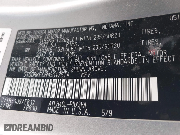 2021 Toyota Sienna XSE with VIN 5TDDRKEC6MS047574, listed as a IAAI auction lot 41688890 with 54,228 mi miles and . Bid and sale history available at DreamBid. Image 9.