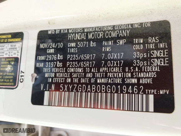 2011 Hyundai Santa Fe GLS with VIN 5XYZGDAB0BG019462, listed as a IAAI auction lot 41664911 with 177,163 mi miles. Bid and sale history available at carsss.com. Image 9.