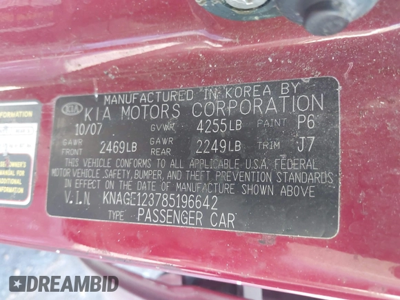 2008 Kia Optima LX z VIN KNAGE123785196642, wystawiony jako IAAI lot #42186620 z przebiegiem 141 368 mil mil oraz . Historia ofert i sprzedaży dostępna na DreamBid. Obrazek 9.