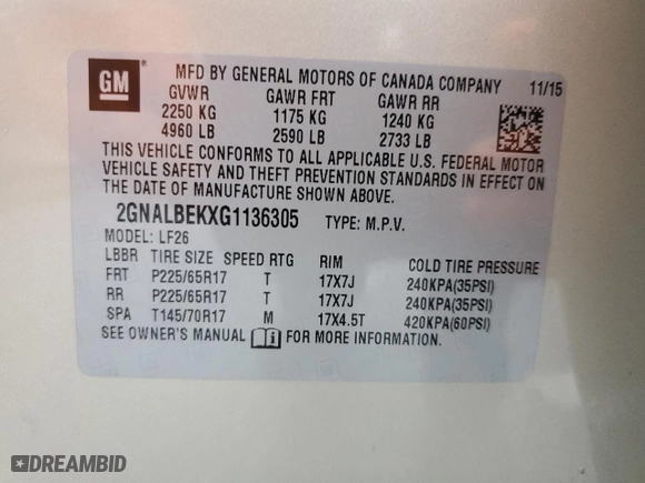2016 Chevrolet Equinox LS with VIN 2GNALBEKXG1136305, listed as a Copart auction lot 44012655 with 97,079 mi miles and Salvage Title. Bid and sale history available at carsss.com. Image 14.