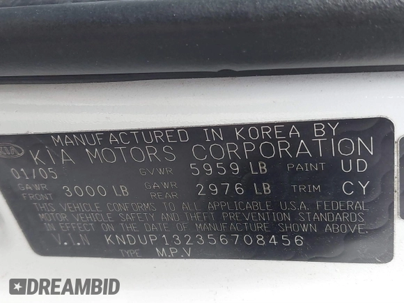 2005 Kia Sedona LX with VIN KNDUP132356708456, listed as a IAAI auction lot 41220936 with 172,960 mi miles. Bid and sale history available at carsss.com. Image 9.