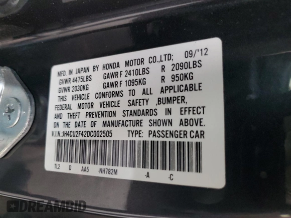 2013 Acura TSX с VIN JH4CU2F42DC002505, выставлен на аукционе Copart как лот 83023234 с пробегом 95 098 миль миль и Списание • Salvage title. История ставок и продаж доступна на DreamBid. Изображение 12.