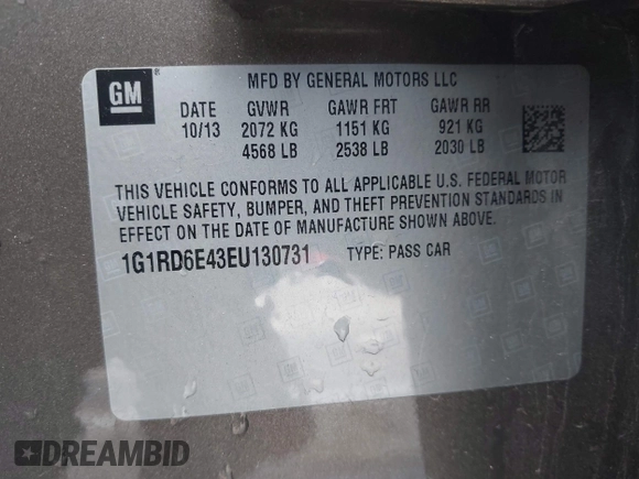2014 Chevrolet Volt with VIN 1G1RD6E43EU130731, listed as a IAAI auction lot 41798604 with 136,113 mi miles and . Bid and sale history available at carsss.com. Image 9.
