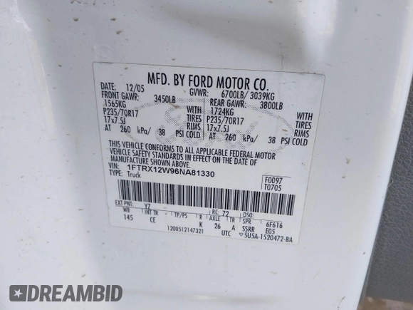 2006 Ford F-150 STX with VIN 1FTRX12W96NA81330, listed as a IAAI auction lot 41895749 with 1 mi miles. Bid and sale history available at carsss.com. Image 9.
