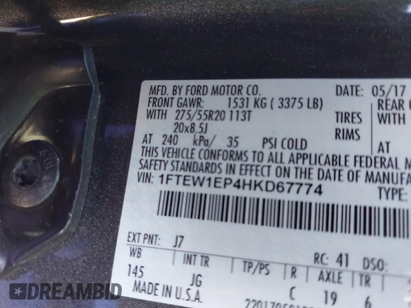 2017 Ford F-150 XL with VIN 1FTEW1EP4HKD67774, listed as a IAAI auction lot 42231049 with 139,222 mi miles and . Bid and sale history available at DreamBid. Image 9.