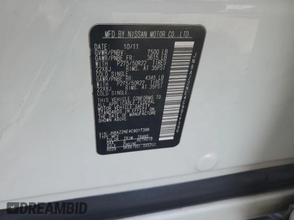 2012 Infiniti QX56 7-passenger with VIN JN8AZ2NE4C9017396, listed as a Copart auction lot 75180134 with 152,957 mi miles and Salvage Title. Bid and sale history available at carsss.com. Image 14.