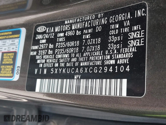 2012 Kia Sorento EX with VIN 5XYKUCA6XCG294104, listed as a IAAI auction lot 42413363 with 57,527 mi miles and . Bid and sale history available at DreamBid. Image 9.