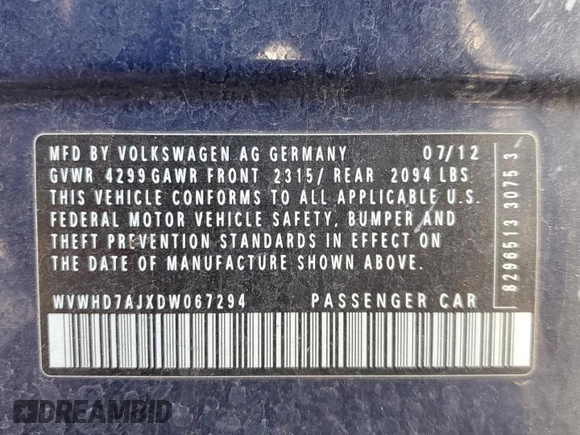 2013 Volkswagen GTI Driver's Edition with VIN WVWHD7AJXDW067294, listed as a Copart auction lot 86453784 with 191,953 mi miles and Clean title. Bid and sale history available at DreamBid. Image 12.