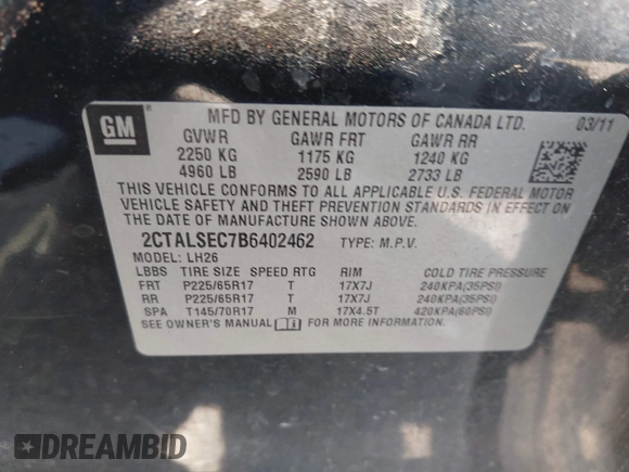 2011 GMC Terrain SLE-2 with VIN 2CTALSEC7B6402462, listed as a IAAI auction lot 42493771 with 165,928 mi miles and . Bid and sale history available at DreamBid. Image 9.