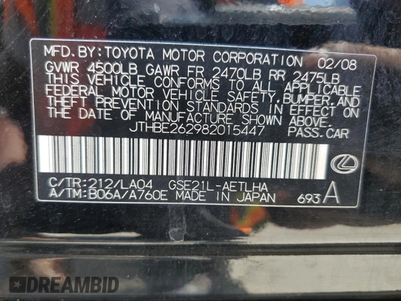 2008 Lexus IS 350 with VIN JTHBE262982015447, listed as a Copart auction lot 54685365 with 217,981 mi miles and Salvage title. Bid and sale history available at DreamBid. Image 12.