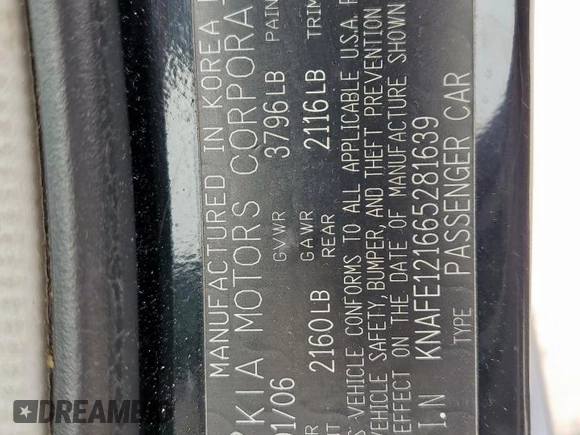 2006 Kia Spectra EX z VIN KNAFE121665281639, wystawiony jako Copart lot #54583825 z przebiegiem 121 167 mil mil oraz Szkoda całkowita • Salvage title. Historia ofert i sprzedaży dostępna na DreamBid. Obrazek 12.