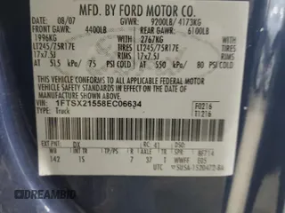 2008 Ford F-250 XL with VIN 1FTSX21558EC06634, listed as a Copart auction lot 54959565 with 265,722 mi miles and Clean title. Bid and sale history available at DreamBid. Image 12.