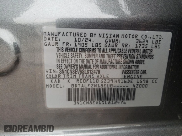 2025 Nissan Versa SV z VIN 3N1CN8EV6SL812476, wystawiony jako Copart lot #54607055 z przebiegiem 183 mil mil oraz Szkoda całkowita • Salvage title. Historia ofert i sprzedaży dostępna na DreamBid. Obrazek 12.