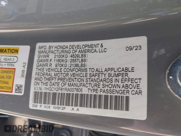2024 Honda Accord Touring with VIN 1HGCY2F81RA007806, listed as a IAAI auction lot 41928204 with 41,137 mi miles and . Bid and sale history available at DreamBid. Image 9.