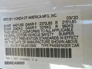 2020 Acura TLX w/Technology Pkg with VIN 19UUB1F54LA012642, listed as a Copart auction lot 46291945 with 52,859 mi miles and Non Repairable. Bid and sale history available at carsss.com. Image 12.
