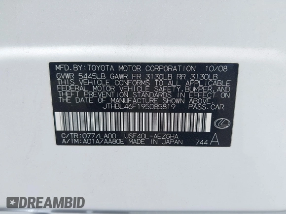 2009 Lexus LS 460 z VIN JTHBL46F195085819, wystawiony jako IAAI lot #42294228 z przebiegiem 140 328 mil mil oraz . Historia ofert i sprzedaży dostępna na DreamBid. Obrazek 9.