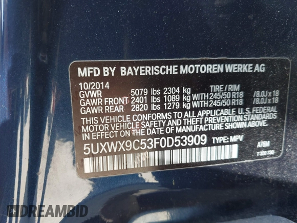 2015 BMW X3 xDrive28i with VIN 5UXWX9C53F0D53909, listed as a IAAI auction lot 41935051 with 122,775 mi miles and . Bid and sale history available at DreamBid. Image 9.