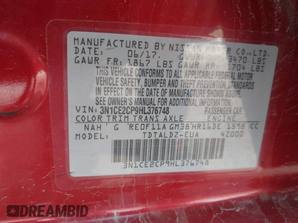 2017 Nissan Note SV with VIN 3N1CE2CP9HL376748, listed as a IAAI auction lot 42219576 with 81,077 mi miles and . Bid and sale history available at DreamBid. Image 9.