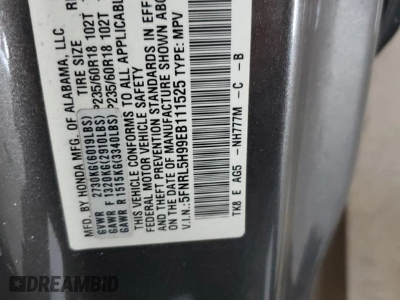 2014 Honda Odyssey Touring with VIN 5FNRL5H99EB111525, listed as a Copart auction lot 61986005 with 137,905 mi miles and Salvage title. Bid and sale history available at DreamBid. Image 13.
