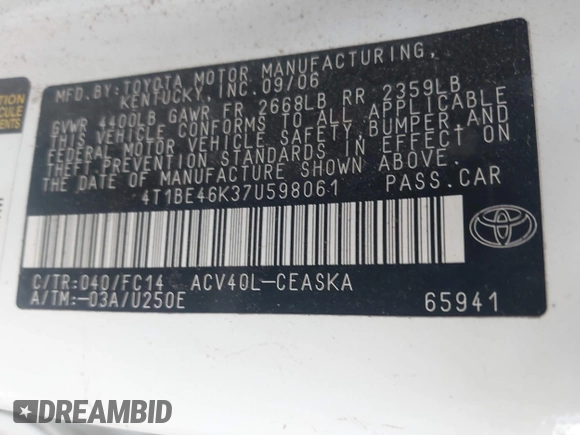 2007 Toyota Camry CE with VIN 4T1BE46K37U598061, listed as a IAAI auction lot 42132451 with 293,648 mi miles and . Bid and sale history available at DreamBid. Image 9.