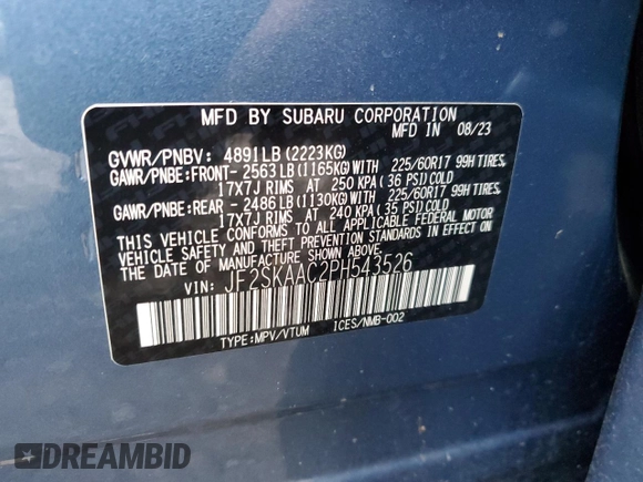 2023 Subaru Forester с VIN JF2SKAAC2PH543526, выставлен на аукционе Copart как лот 84089794 с пробегом 11 689 миль миль и Списание • Salvage title. История ставок и продаж доступна на DreamBid. Изображение 12.