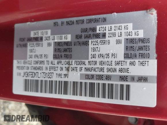 2020 Mazda CX-5 Grand Touring with VIN JM3KFBDM7L1731837, listed as a IAAI auction lot 42160795 with 63,826 mi miles and . Bid and sale history available at DreamBid. Image 9.
