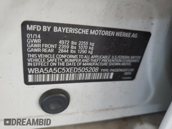 2014 BMW 5 Series 528i with VIN WBA5A5C5XED505208, listed as a Copart auction lot 54555285 with 151,145 mi miles and Clean Title. Bid and sale history available at DreamBid. Image 12.