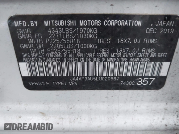 2020 Mitsubishi Outlander Sport ES 2.0 with VIN JA4AR3AU5LU020667, listed as a IAAI auction lot 41287083 with 104,274 mi miles. Bid and sale history available at carsss.com. Image 9.