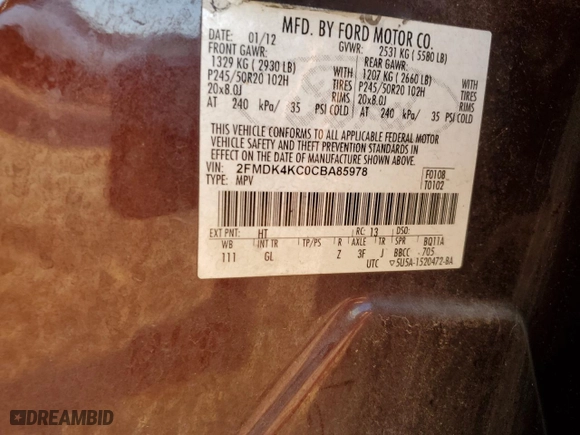 2012 Ford Edge Limited with VIN 2FMDK4KC0CBA85978, listed as a Copart auction lot 49597145 with 229,878 mi miles and Salvage Title. Bid and sale history available at carsss.com. Image 12.